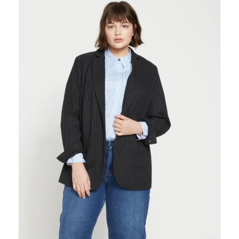 UNIVERSAL STANDARD The Pinstripe Blazer in graphie gray white striped jacket